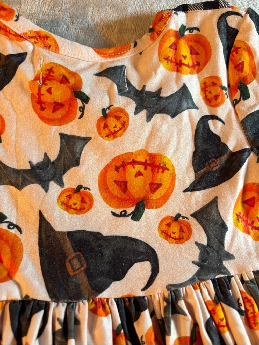 Girls' Orange Pumpkin Halloween Dress with Black Gingham Trim
